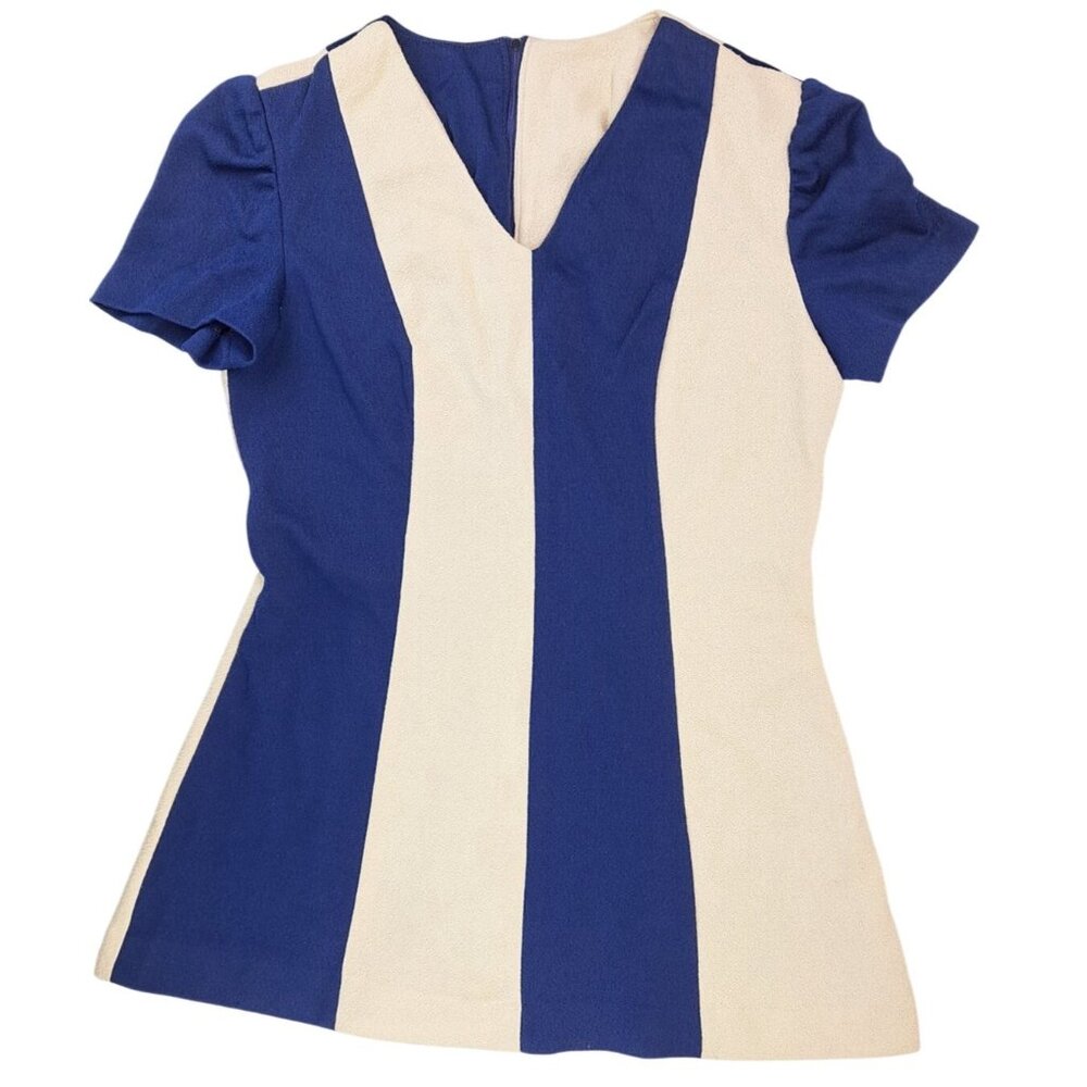 Vintage Handmade Blue Cream Colorblock Short Sleeve Mini Dress Medium Mod Space - Picture 4 of 12